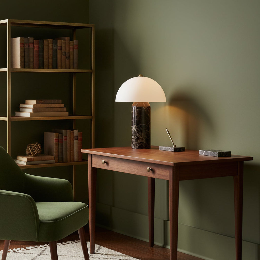 On a walnut writing desk against olive-green walls, this Clérachic table lamp glows beside bookshelves and a green armchair.