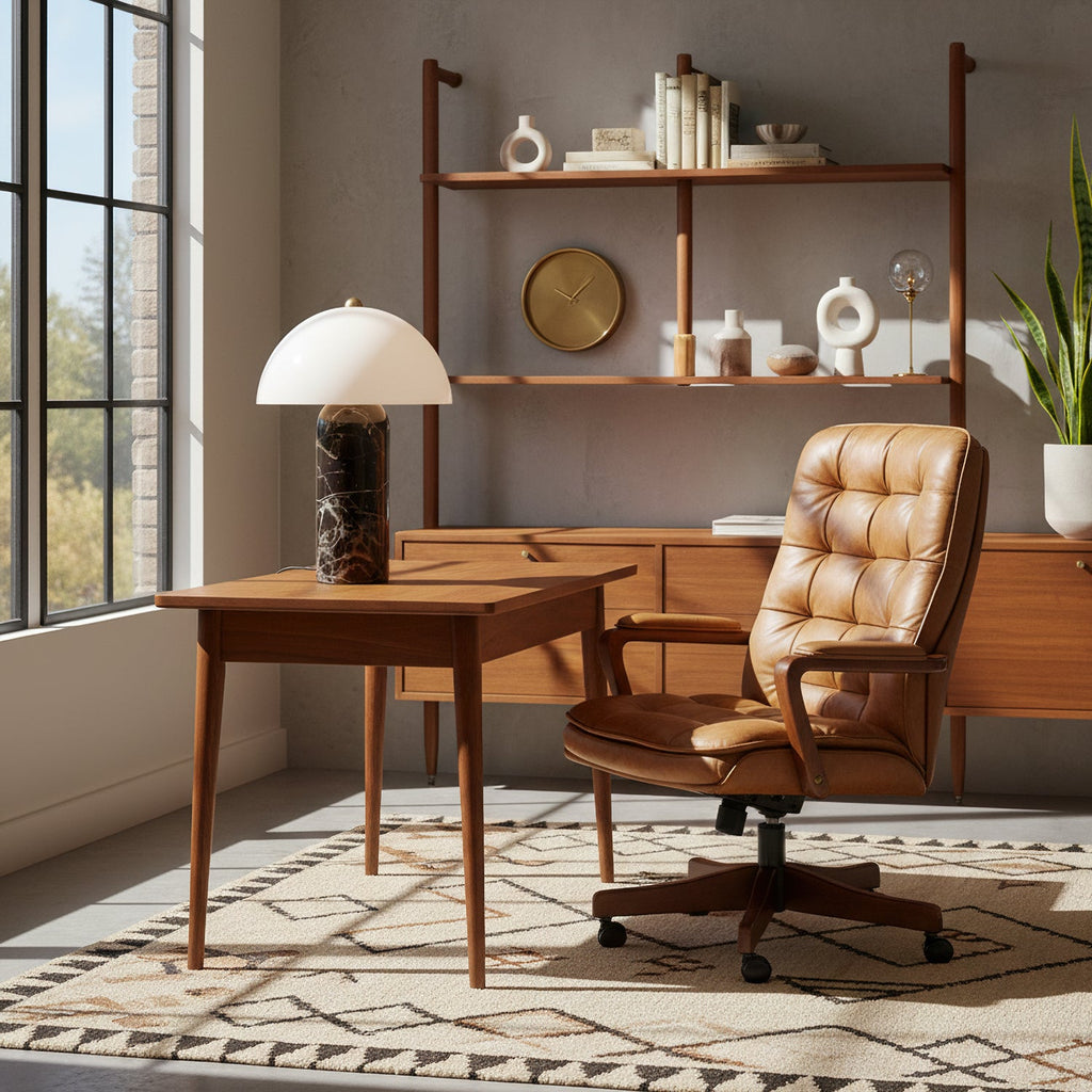 A Clérachic table lamp sits on a mid-century wooden desk in a sunlit study with a tan leather chair and a patterned rug.