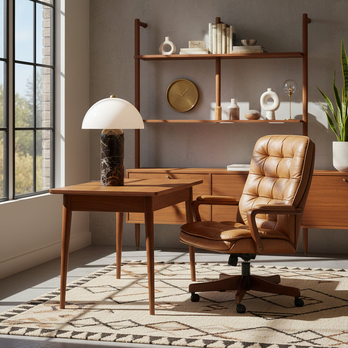 A Clérachic table lamp sits on a mid-century wooden desk in a sunlit study with a tan leather chair and a patterned rug.