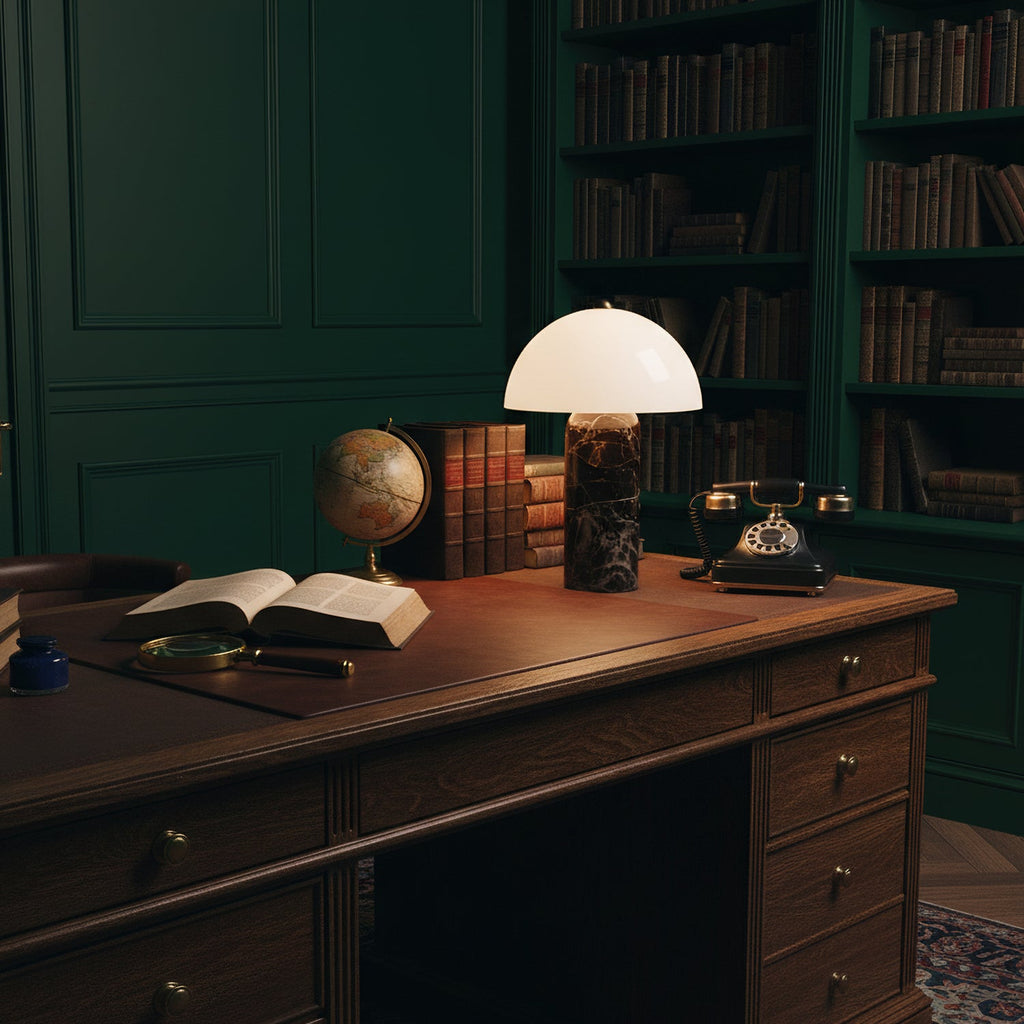 Lit on a dark leather-topped desk, this Clérachic table lamp sits among old books, a globe and a rotary phone in a deep green study.
