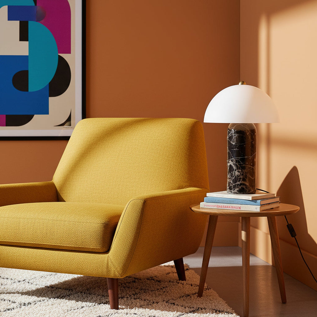 A Clérachic table lamp on a round wooden side table beside a mustard armchair, set against a burnt-orange wall.