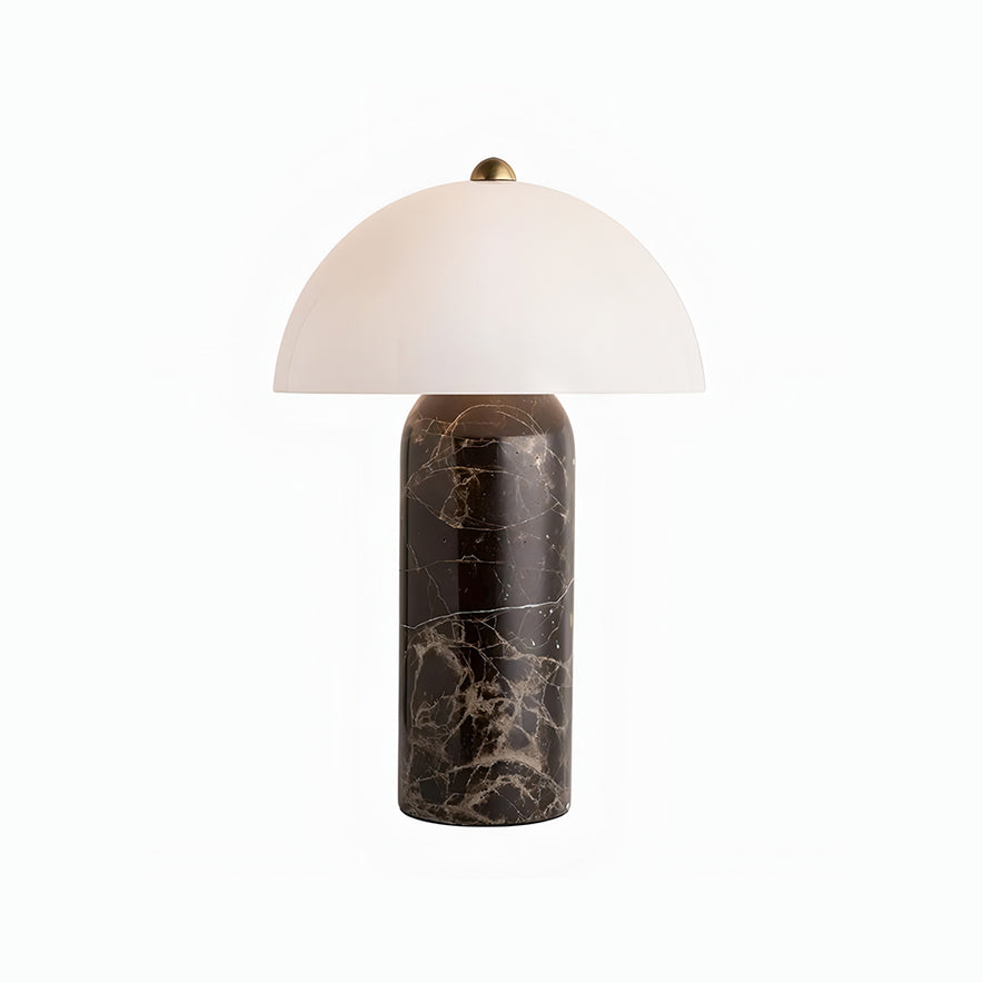 Larger front view of this Clérachic table lamp on white, with the glossy white dome and the brown marble base veined in cream.
