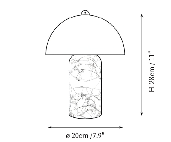 Clérachic table lamp dimension drawing, 1 of 2, every measurement marked in centimetres and inches.