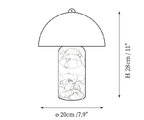 Clérachic table lamp dimension drawing, 1 of 2, every measurement marked in centimetres and inches.