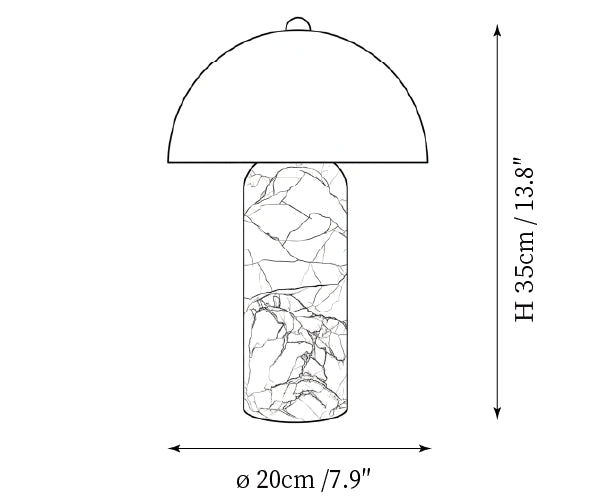 Clérachic table lamp dimension drawing, 2 of 2, every measurement marked in centimetres and inches.