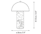 Clérachic table lamp dimension drawing, 2 of 2, every measurement marked in centimetres and inches.