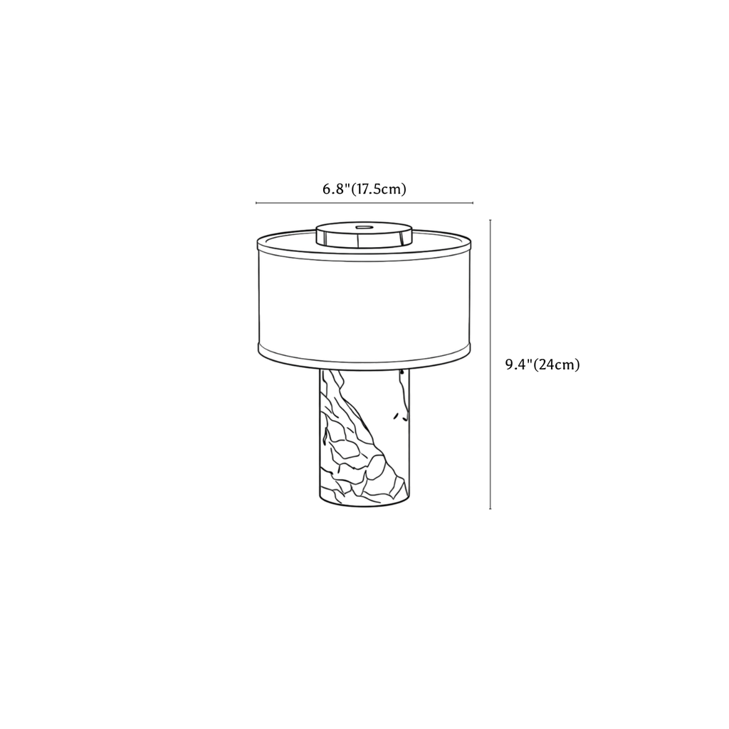 Clérachic table lamp dimension drawing, every measurement marked in centimetres and inches.
