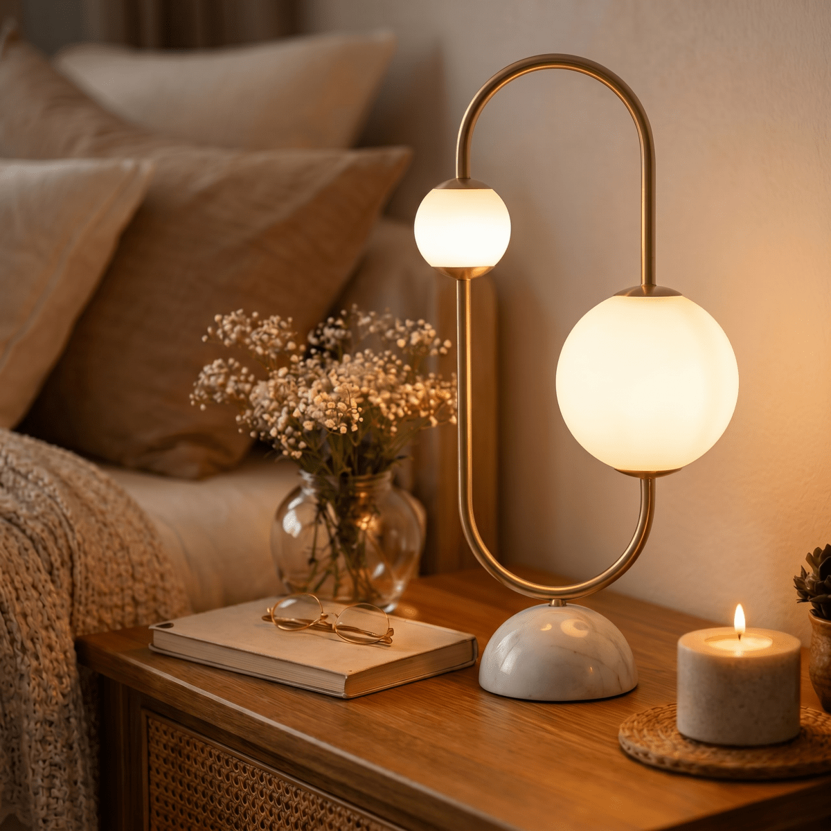 Clérachic table lamp glowing on a wood nightstand beside a vase of dried flowers and a lit candle.