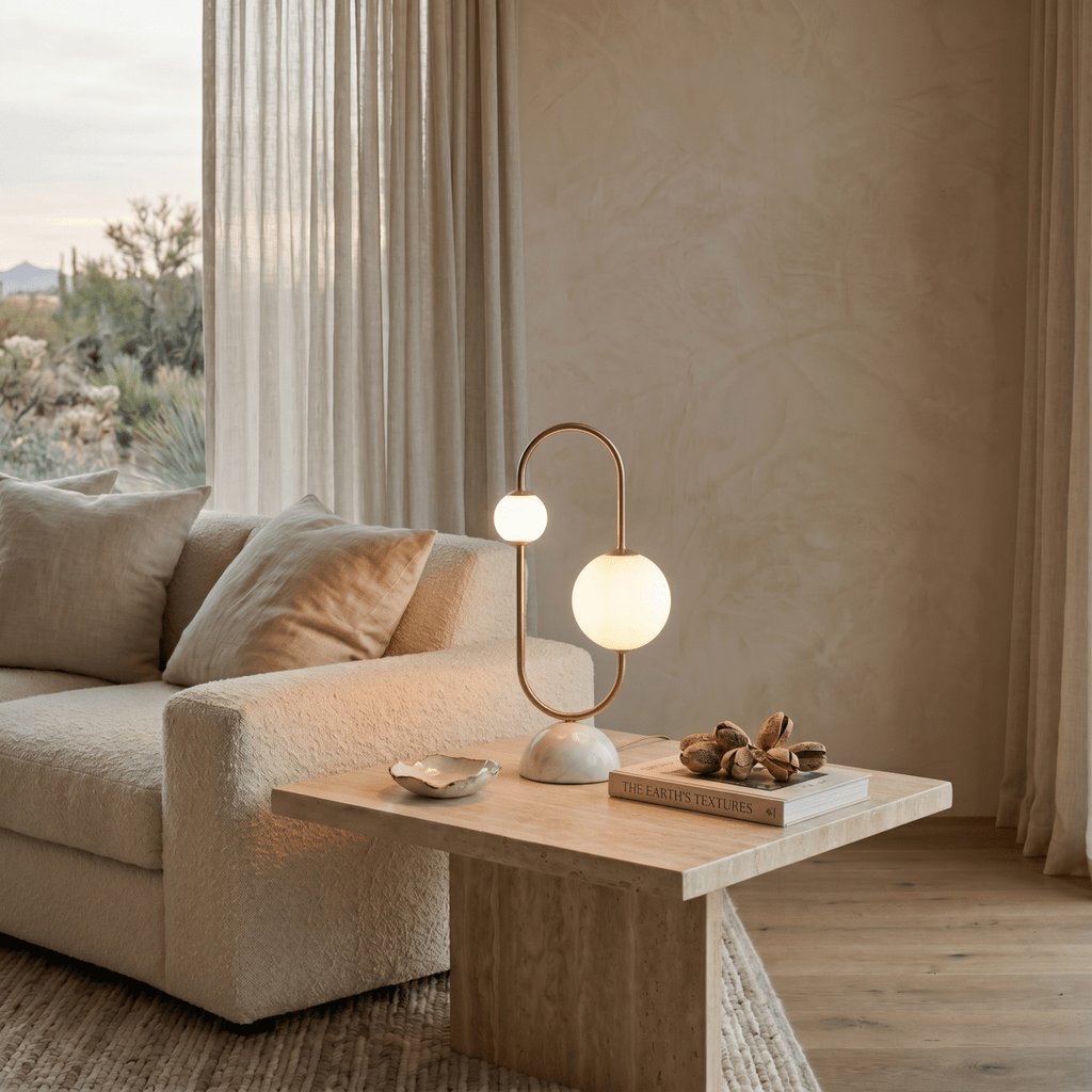 Clérachic table lamp glowing on a stone side table beside a sofa, with a desert view through the window.