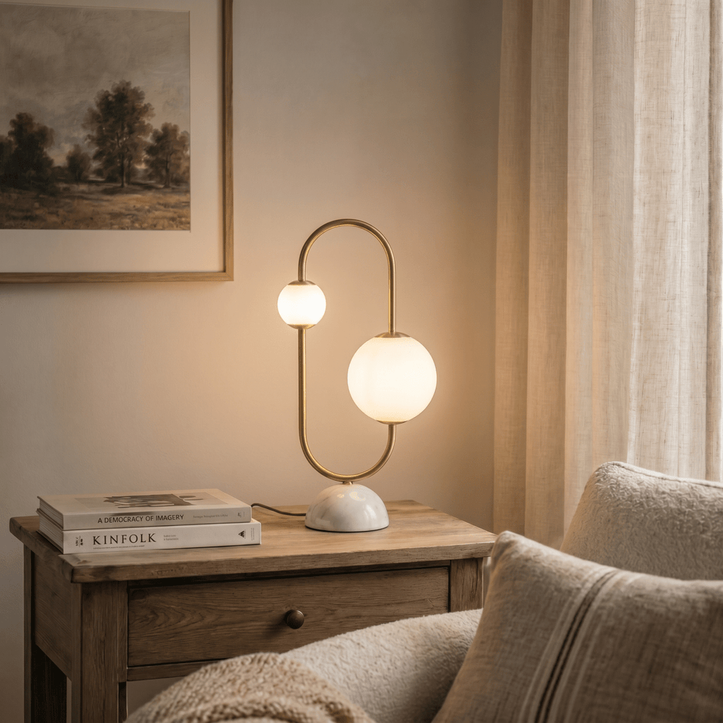Clérachic table lamp glowing on a wood side table beside a stack of books and a sofa cushion.