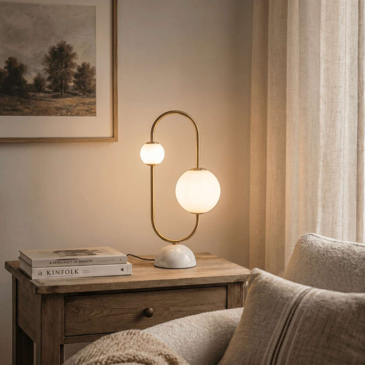 Clérachic table lamp glowing on a wood side table beside a stack of books and a sofa cushion.