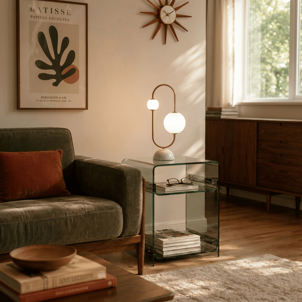 Clérachic table lamp glowing on a glass side table beneath a framed art print and a starburst clock.