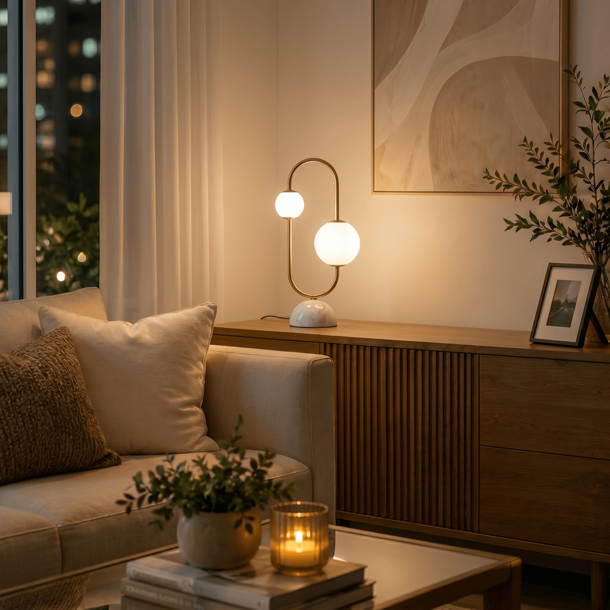 Clérachic table lamp glowing on a wood credenza beside a sofa, with a city skyline through the window.