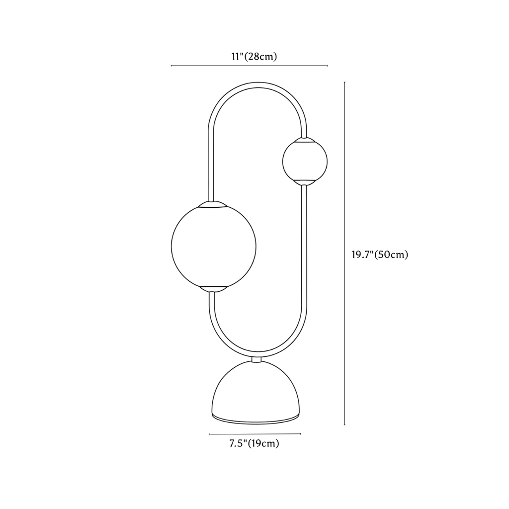 Clérachic table lamp dimension drawing, every measurement marked in centimetres and inches.