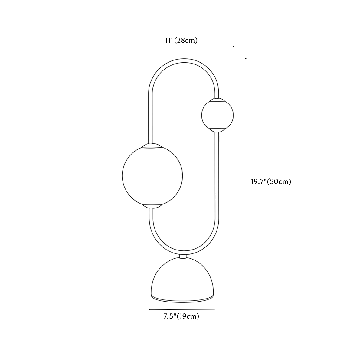 Clérachic table lamp dimension drawing, every measurement marked in centimetres and inches.