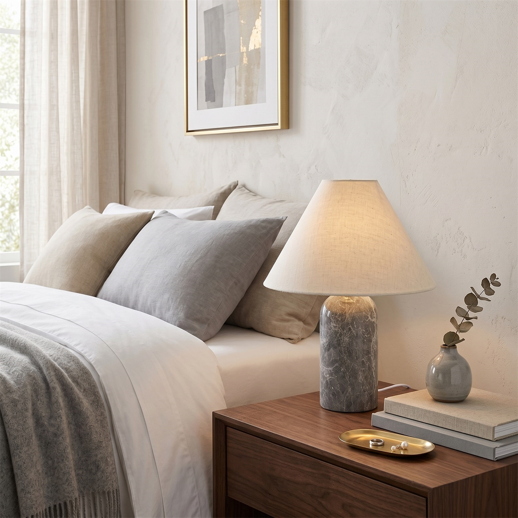 Clérachic table lamp with a grey marble base on a bedside table, next to a neatly made bed with grey and cream cushions.