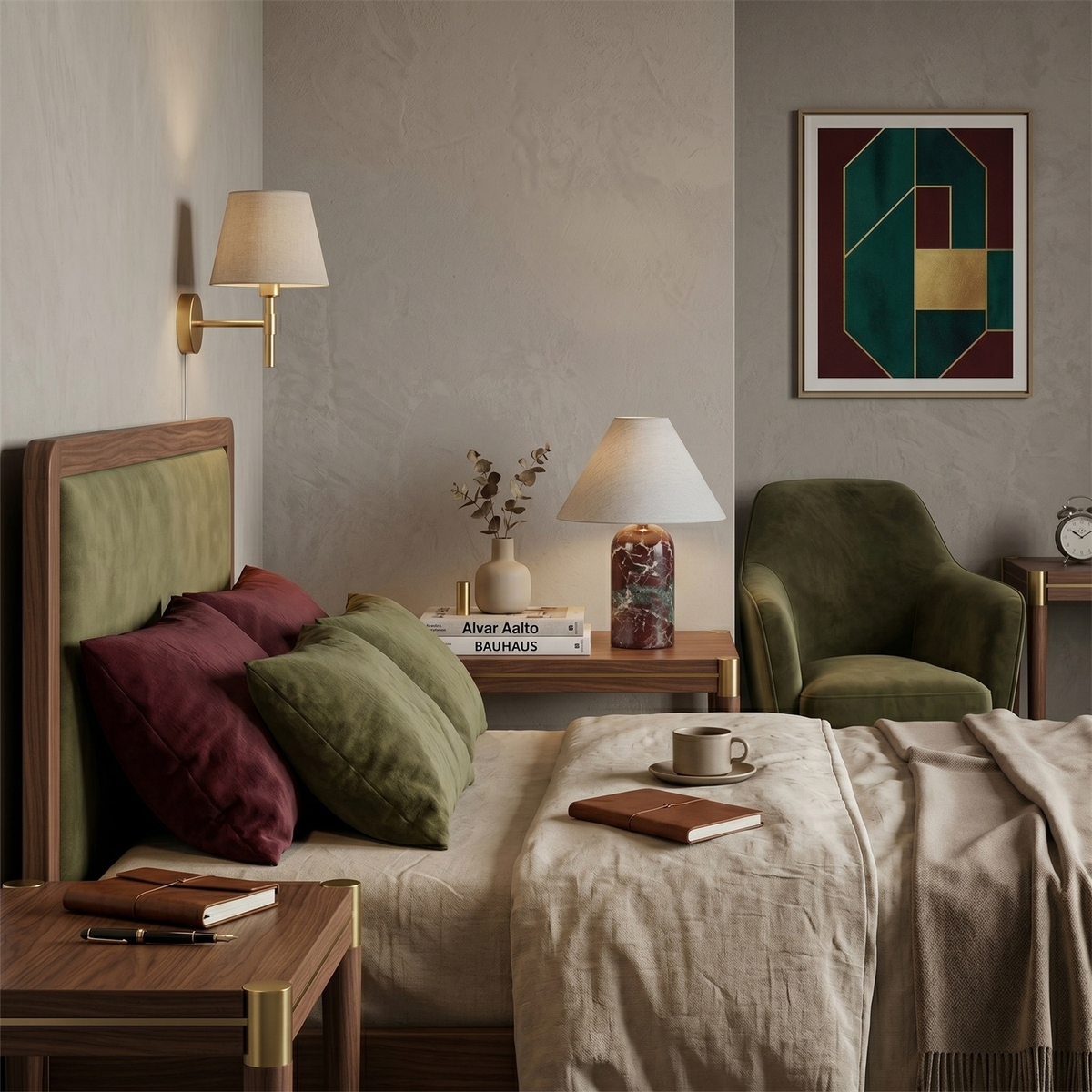 Bedroom with a green velvet armchair and olive headboard, where a small Clérachic table lamp sits on the bedside table.
