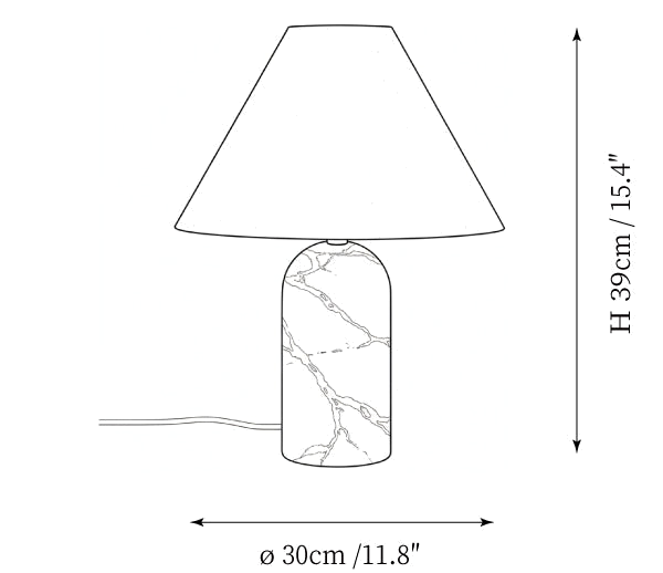 Clérachic table lamp dimension drawing, every measurement marked in centimetres and inches.