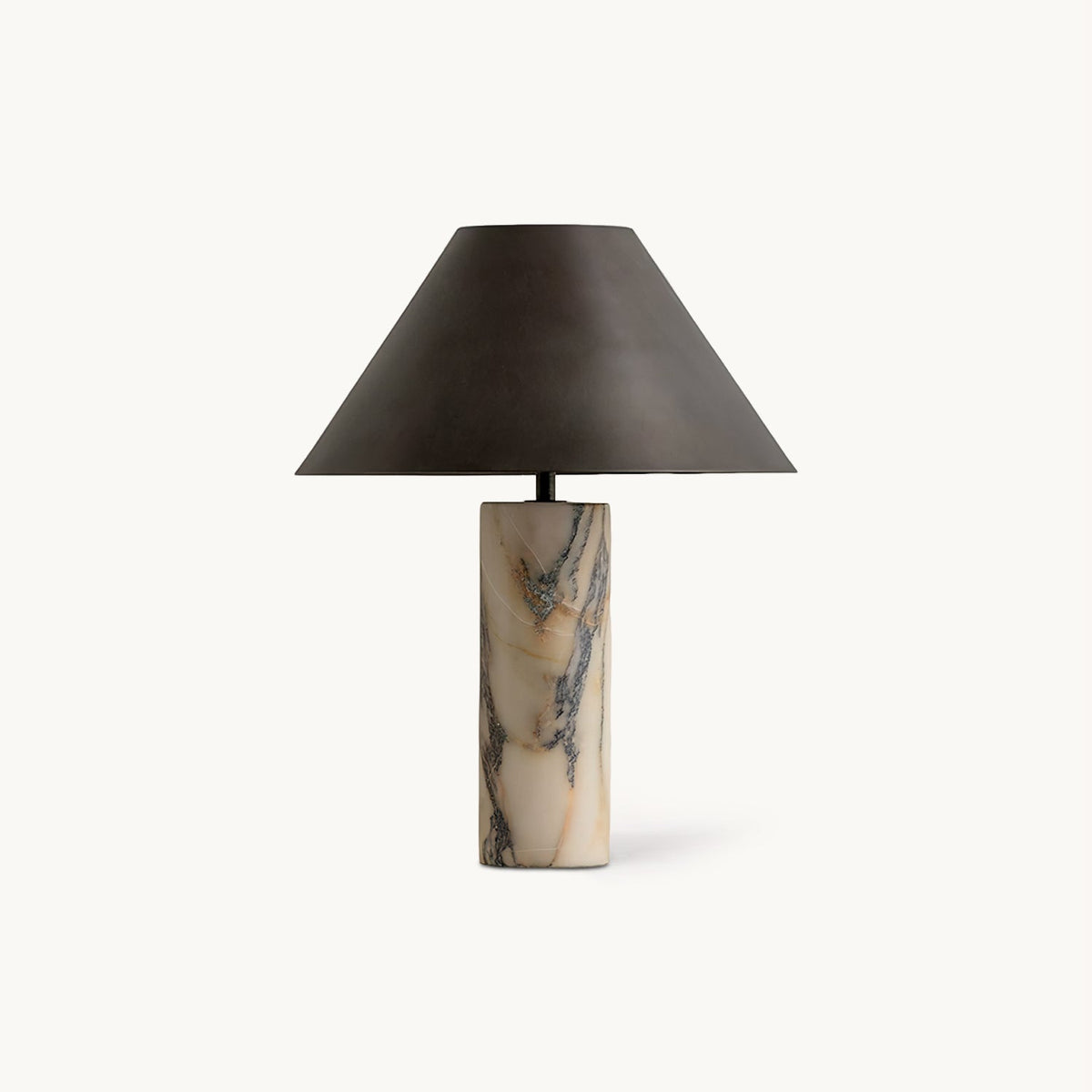This Clérachic table lamp on a plain white backdrop, with a tapered black fabric shade above a cylindrical veined marble base.