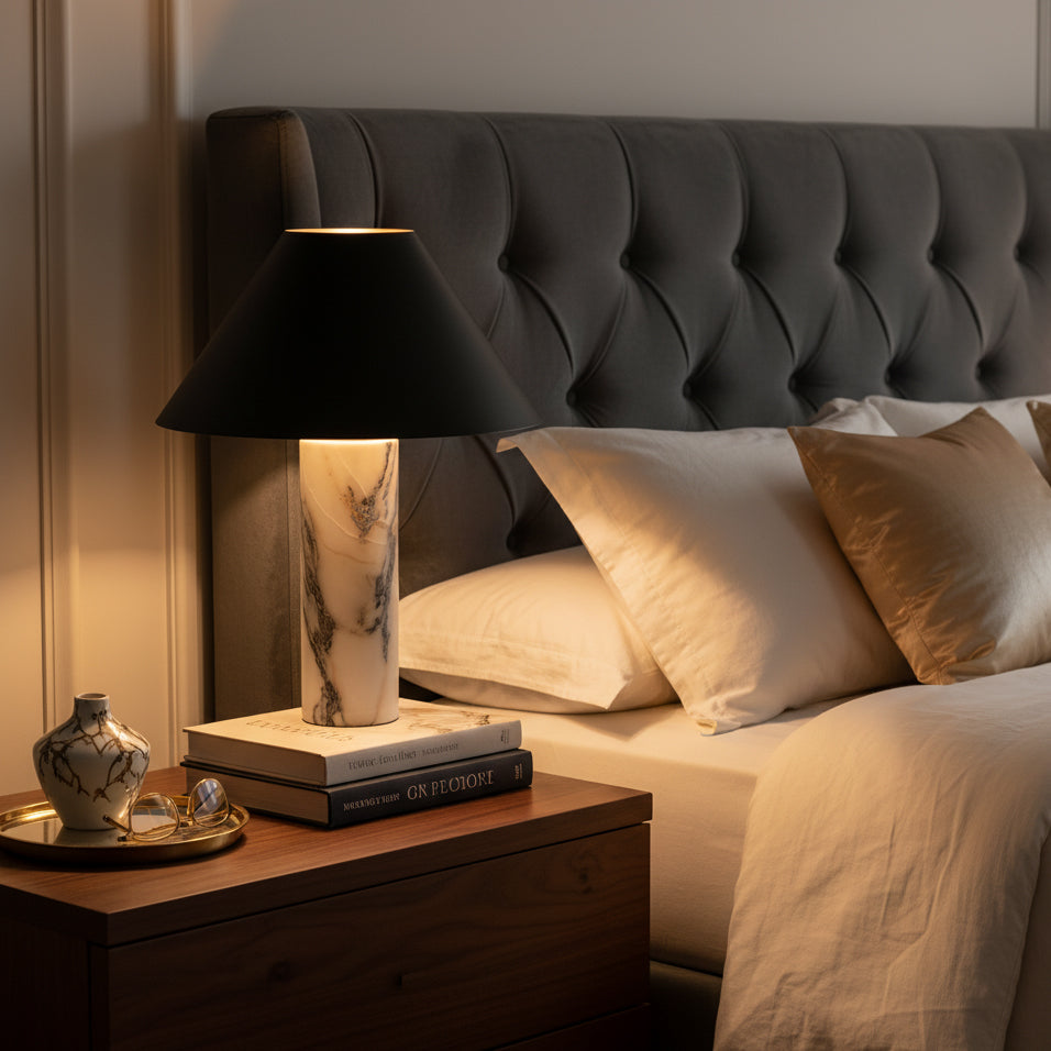 Soft light from a Clérachic marble table lamp on a nightstand, next to a stack of books and a small vase, with a tufted grey headboard behind.