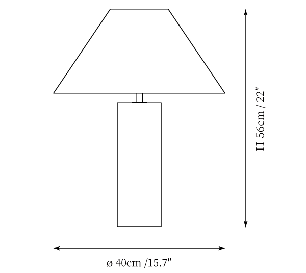 Clérachic table lamp dimension drawing, every measurement marked in centimetres and inches.