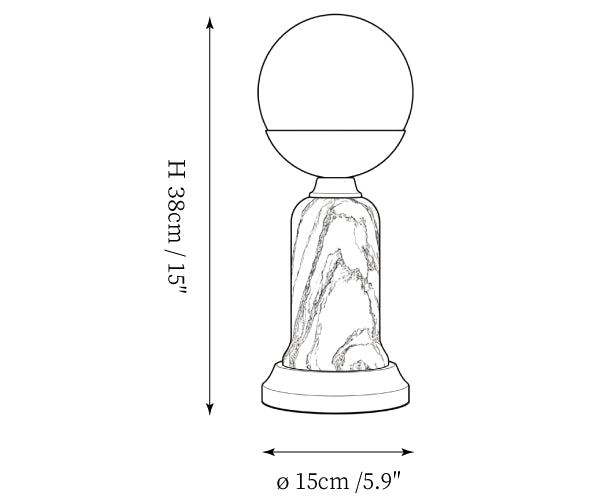 Dimension drawing of this Clérachic table lamp, with its 38 cm height and 15 cm width marked.
