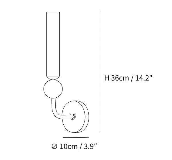 Dimension drawing of the marble vertical wall lamp, in outline against white.