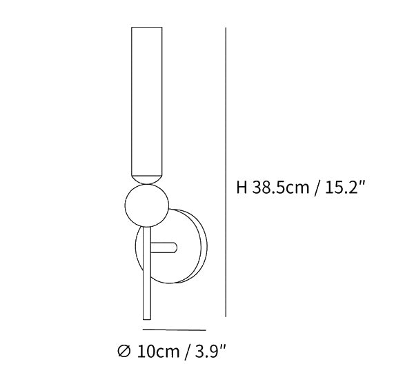 Dimension drawing of the marble vertical wall lamp, in outline against white.