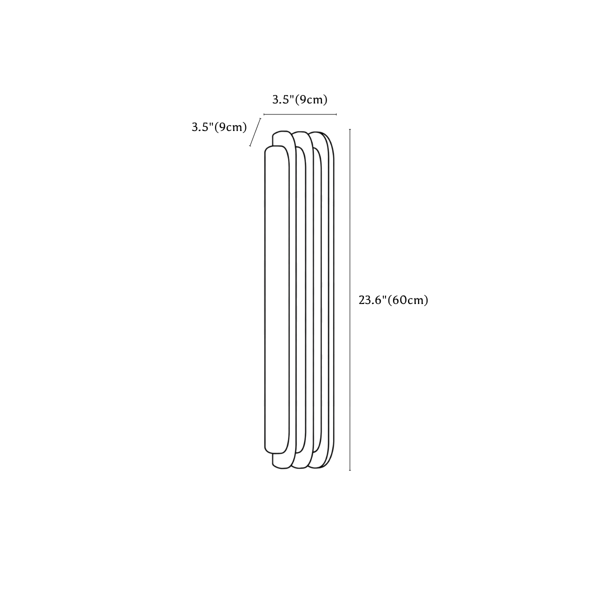 Clérachic wall light dimension drawing, 2, every measurement marked in centimetres and inches.