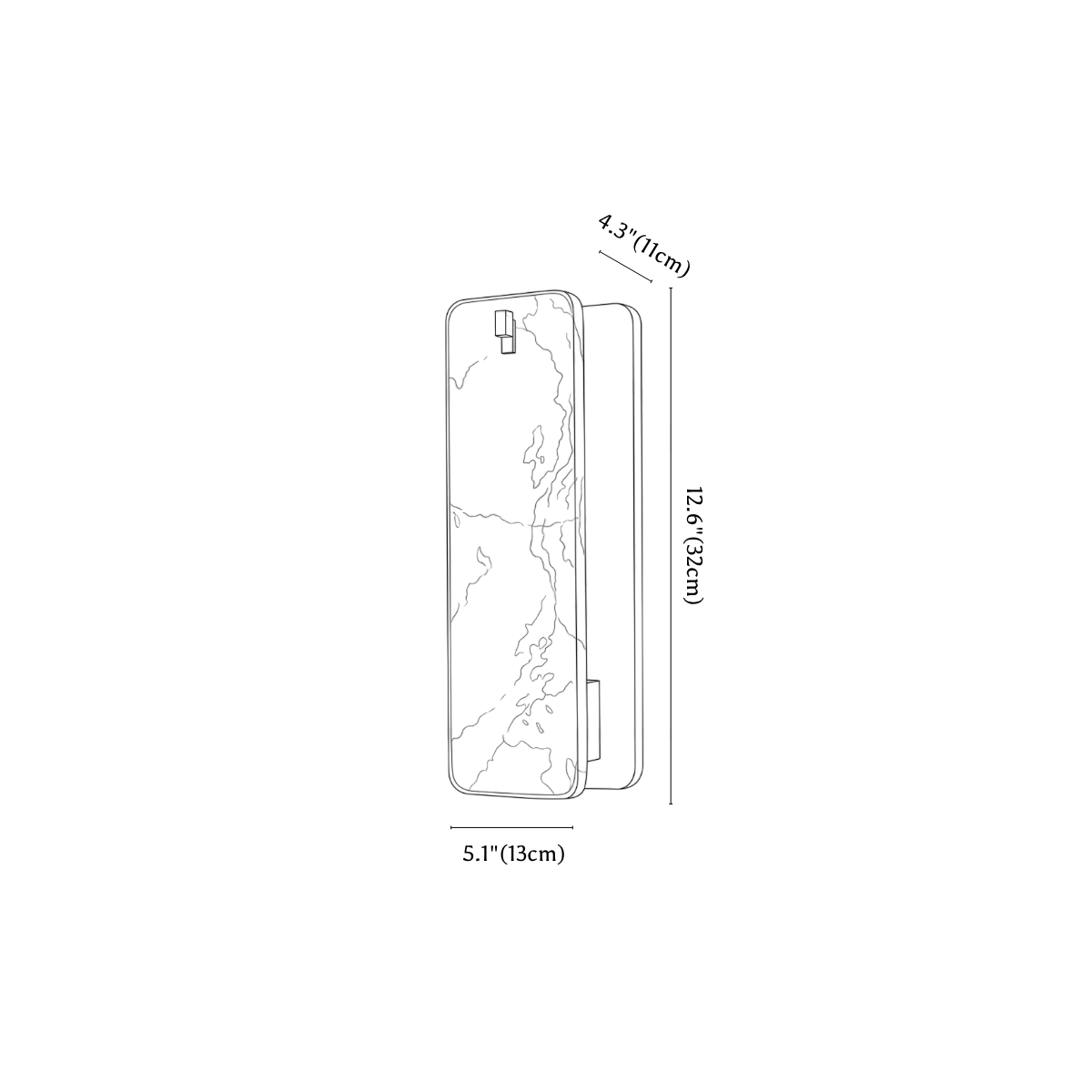Clérachic wall light dimension drawing, 1 of 2, every measurement marked in centimetres and inches.