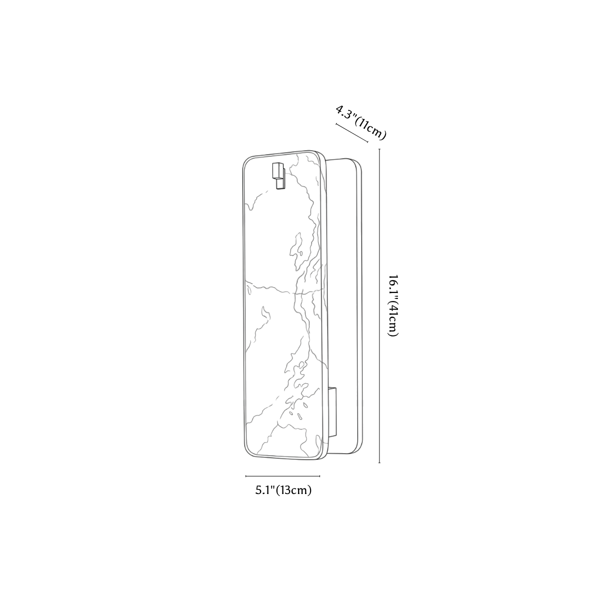 Clérachic wall light dimension drawing, 2, every measurement marked in centimetres and inches.