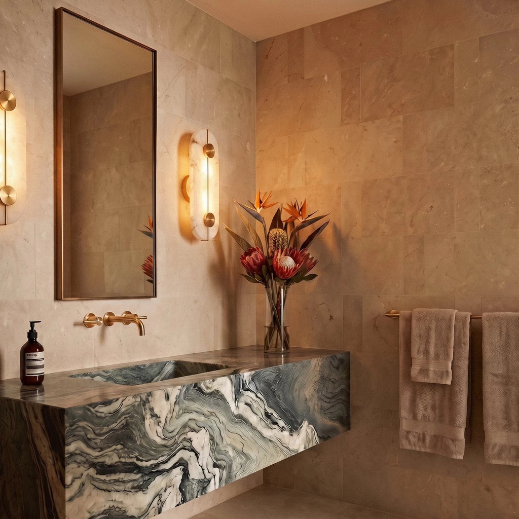 An oval Clérachic alabaster sconce lights a stone-tiled bathroom beside a marble vanity and brass fittings.