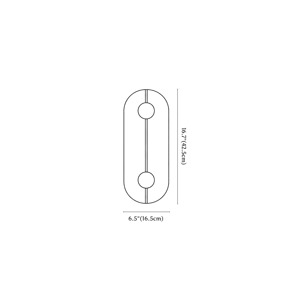 Clérachic wall sconce dimension drawing, 2, every measurement marked in centimetres and inches.