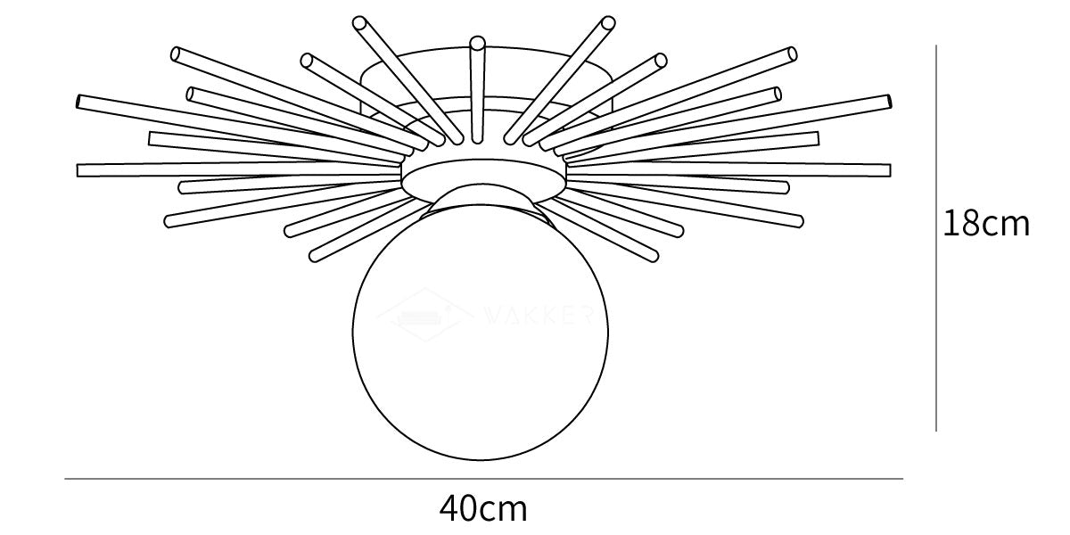 Dimension drawing of the margaret ceiling lamp, in outline against white.