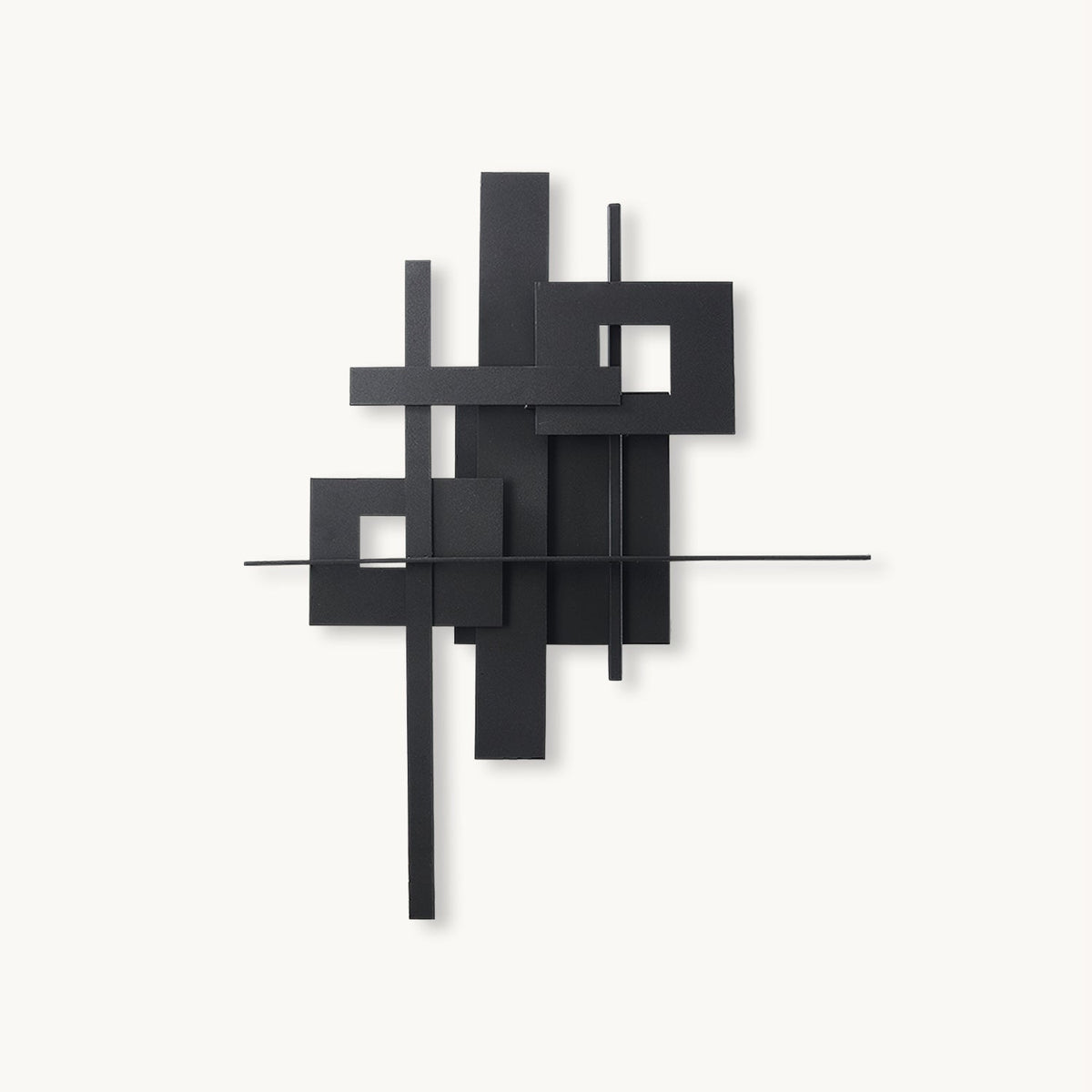 This Clérachic wall light on a plain white backdrop, overlapping matt black rectangles and thin bars with square cutouts.