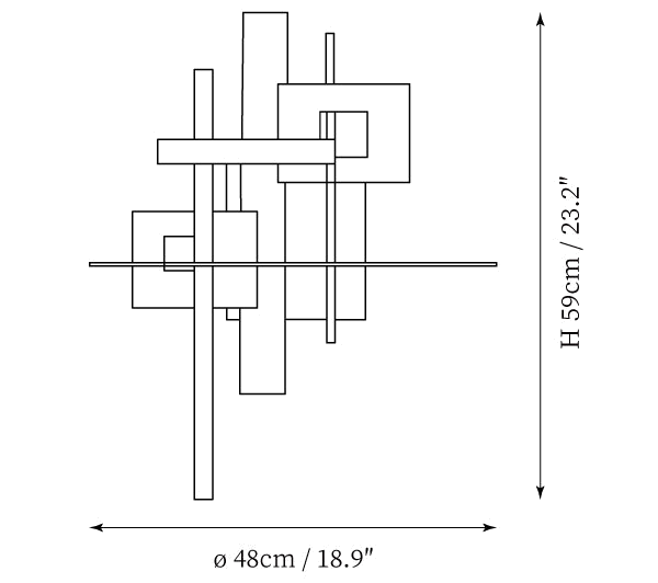 Clérachic wall light dimension drawing, every measurement marked in centimetres and inches.