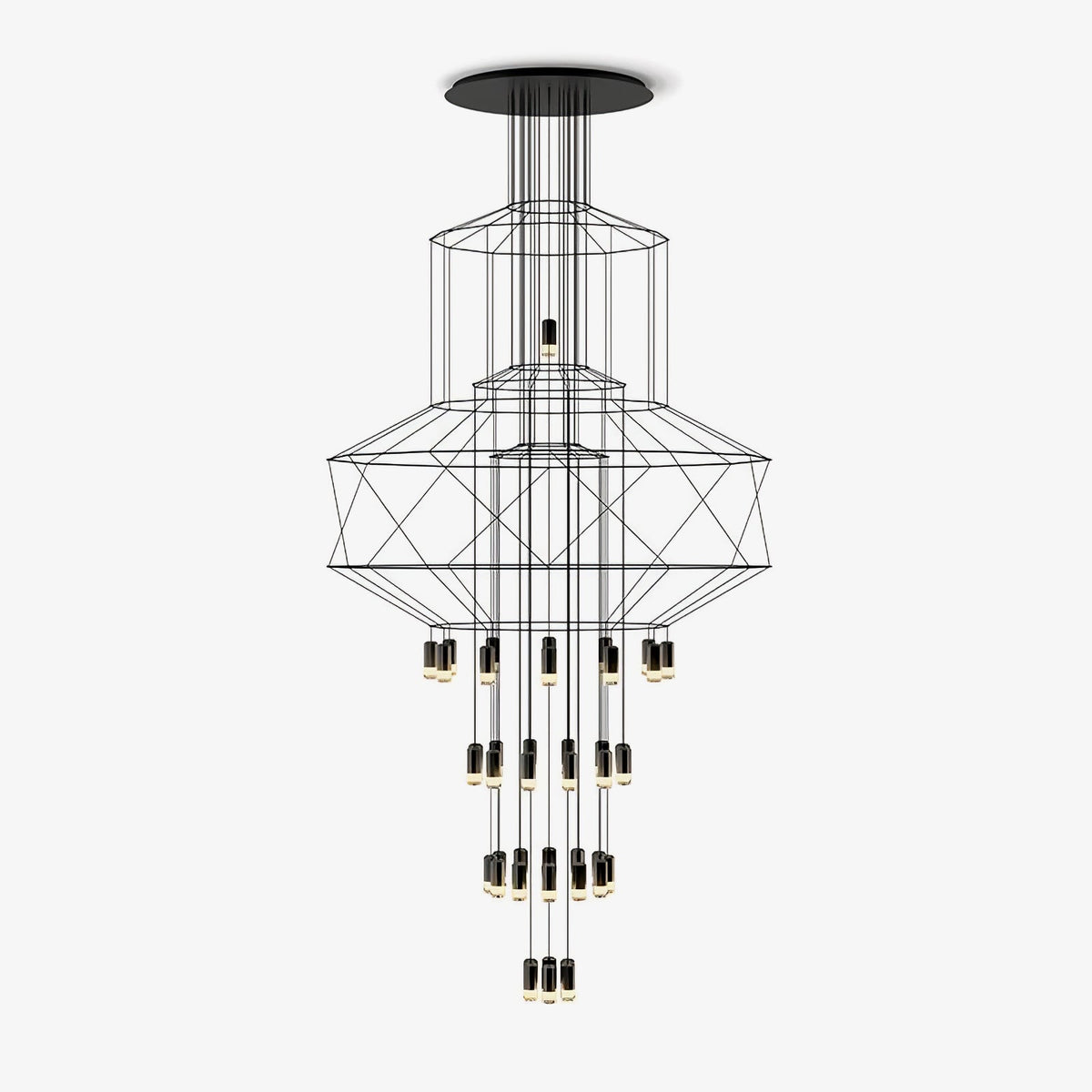 Clérachic wire-frame chandelier with stacked black polygon frames and cylindrical LED drops, hung from a round ceiling plate on a plain white backdrop.