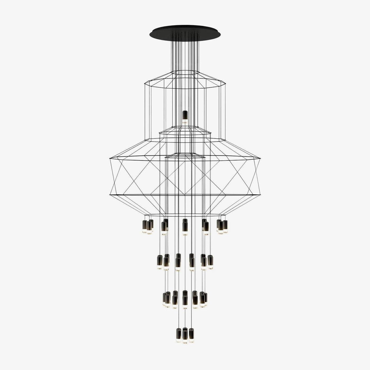 Clérachic wire chandelier with stacked black frames and many LED drops, hanging from a wide round canopy on a pale grey backdrop.