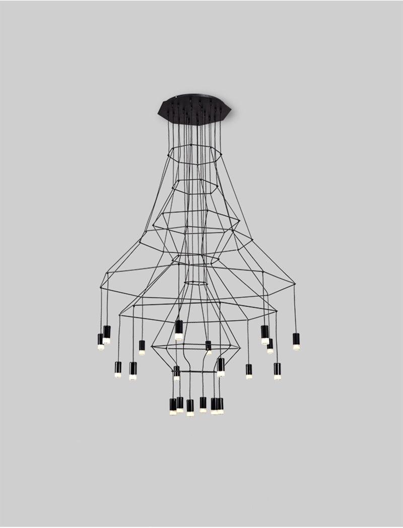 Black wire chandelier in a flared tiered form with LED drops at several levels, from this Clérachic range, on a light grey backdrop.