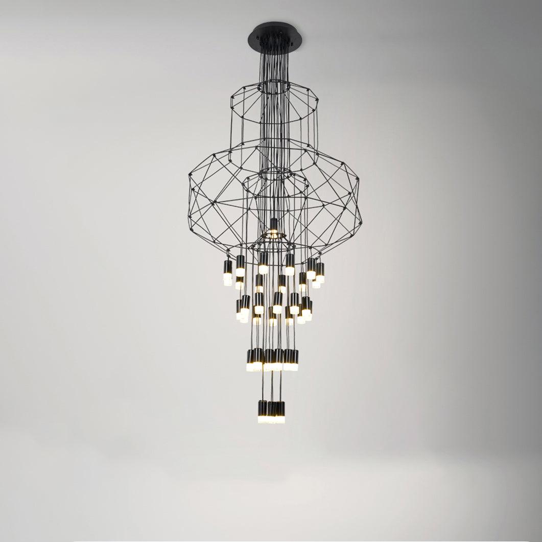 Stacked-frame Clérachic wire chandelier lit on a soft grey studio backdrop, with a long cluster of LED drops hanging beneath.
