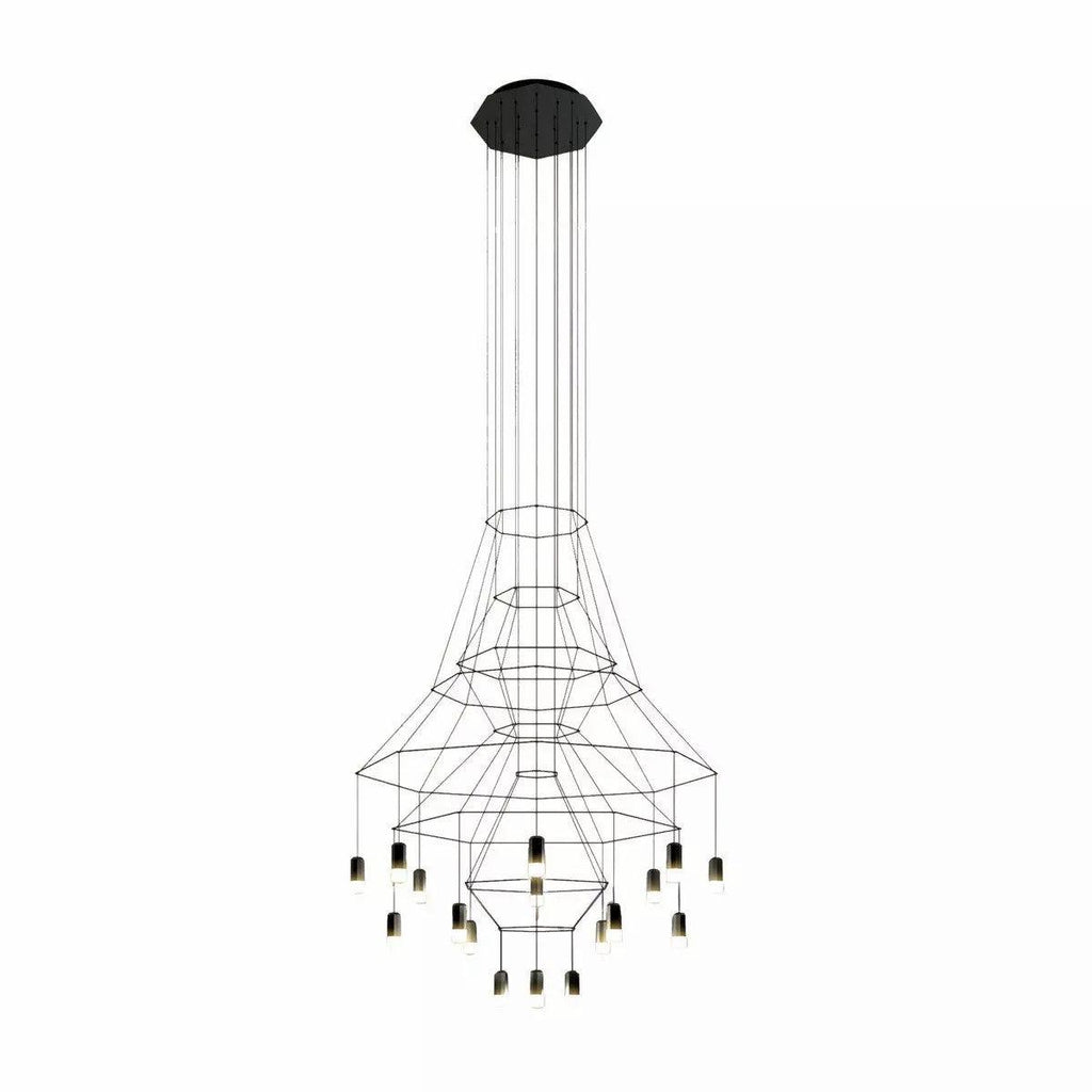 Fine-line wire chandelier with many hanging LED drops around a flared frame, from this Clérachic range, on white.