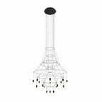 Fine-line wire chandelier with many hanging LED drops around a flared frame, from this Clérachic range, on white.