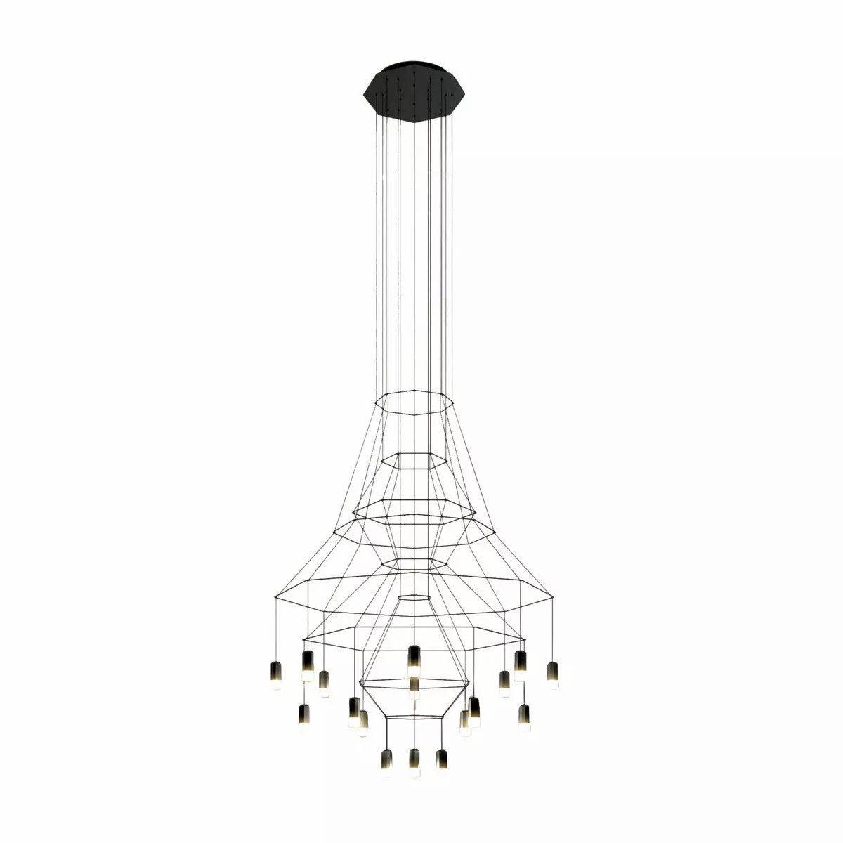 Fine-line wire chandelier with many hanging LED drops around a flared frame, from this Clérachic range, on white.