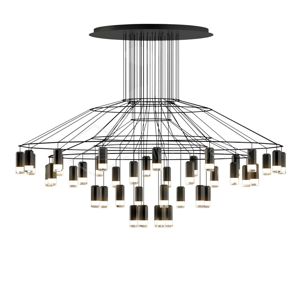 Very wide Clérachic wire chandelier with a flat round canopy, thin wires and dozens of LED terminals hung at many heights.
