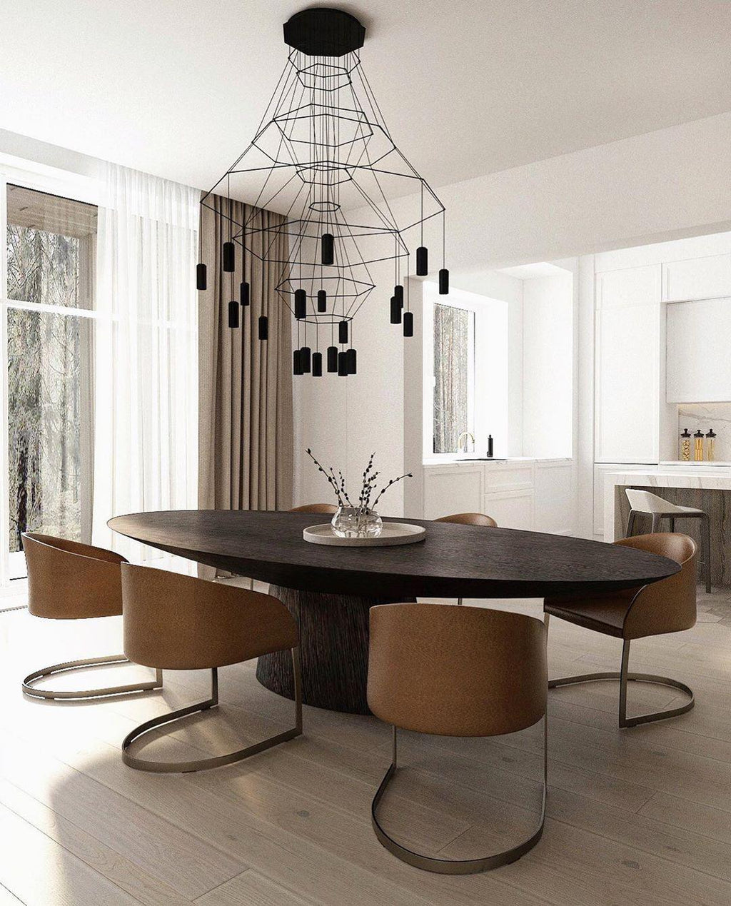 Clérachic wire chandelier with black LED drops, hung above a dark oval table and round tan chairs in a bright dining room.