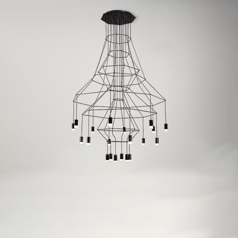Fine-wire Clérachic chandelier with flared frames and about twenty LED drops, hung from an octagonal ceiling plate on a pale wall.