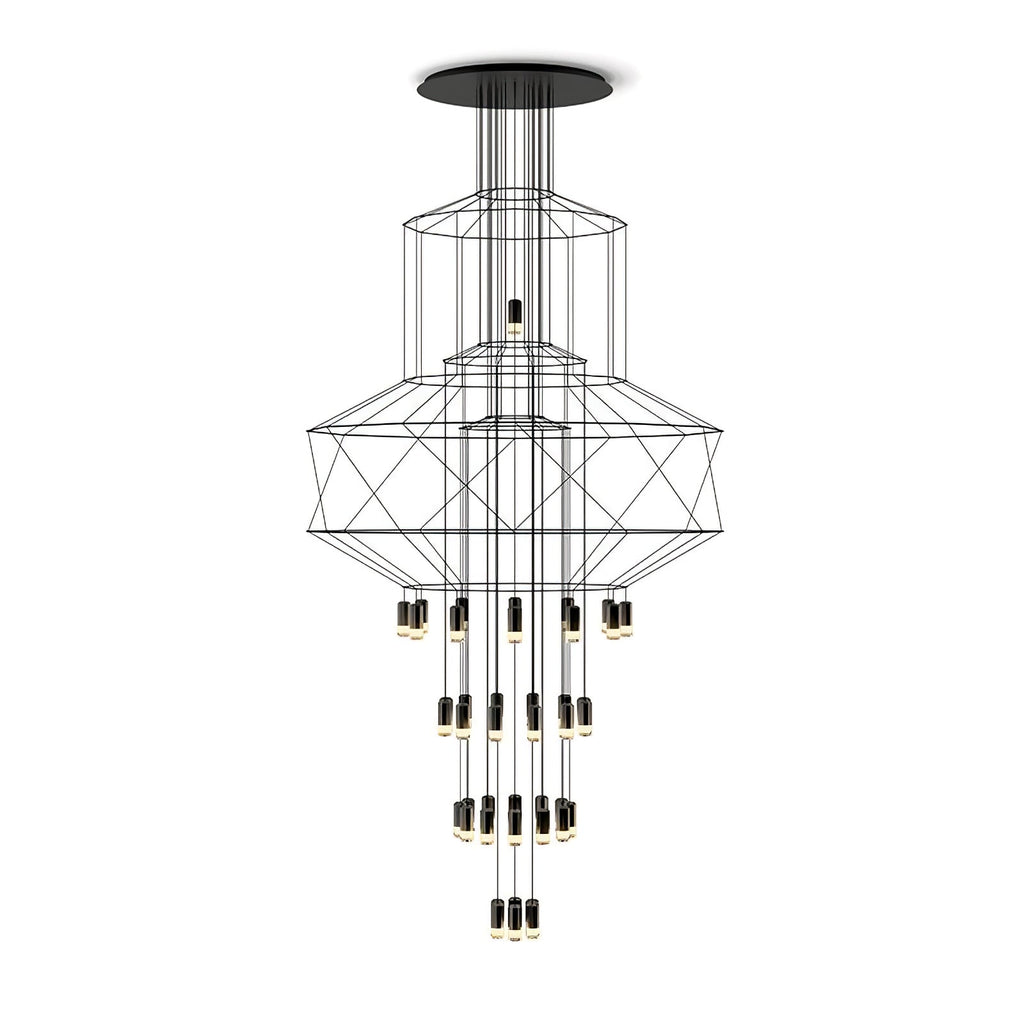 Clérachic stacked-frame wire chandelier with drops, with its canopy and black wires shown on a clean white backdrop.