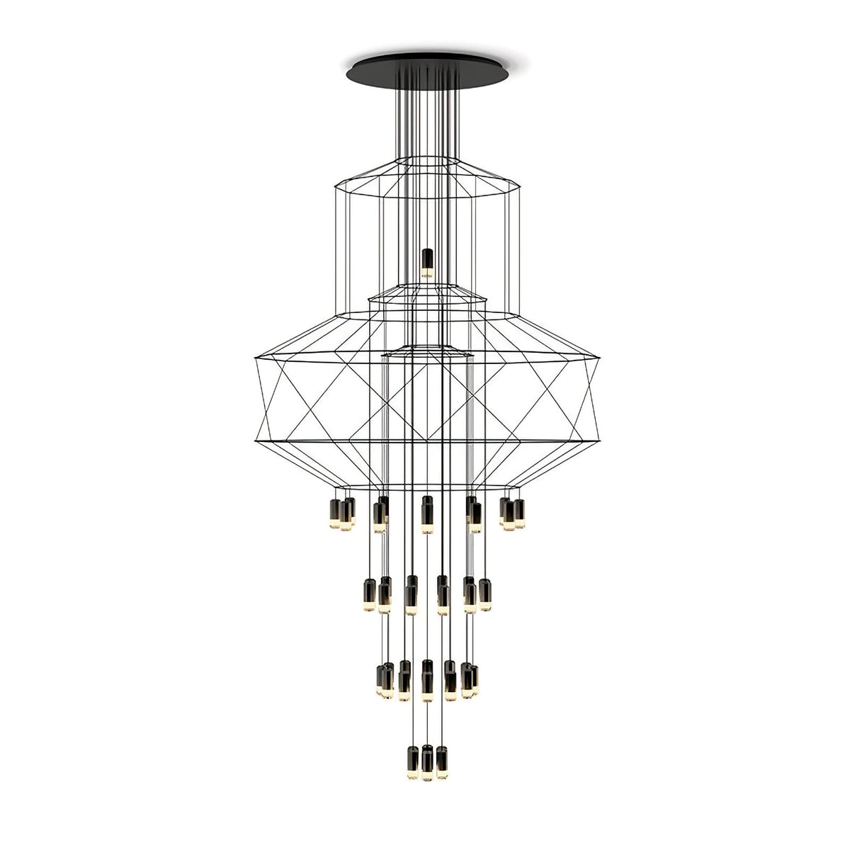 Clérachic stacked-frame wire chandelier with drops, with its canopy and black wires shown on a clean white backdrop.
