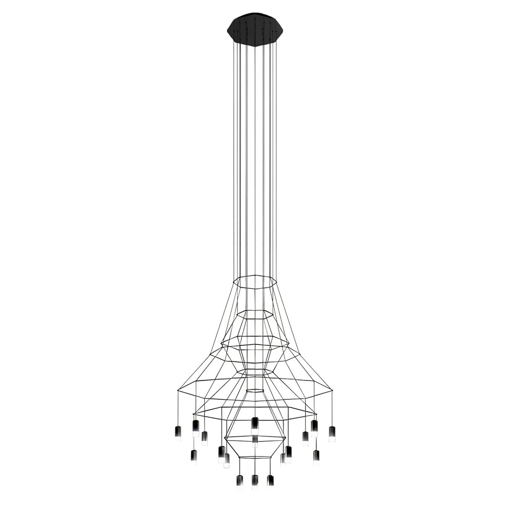 Clérachic fine-wire chandelier with a flared frame, an octagonal canopy and about twenty LED drops, on white.
