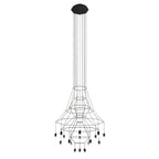 Clérachic fine-wire chandelier with a flared frame, an octagonal canopy and about twenty LED drops, on white.